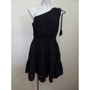 Taylor Women Black One Shoulder Smocked Tiered Eyelet Mini Dress Tassel Size L